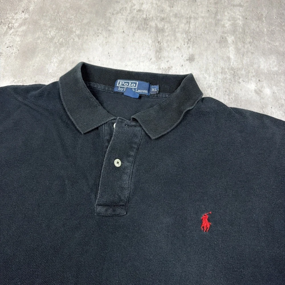 Vintage 90s Polo Ralph Lauren Mens Faded Black Long Sleeve Polo Shirt XL Classic